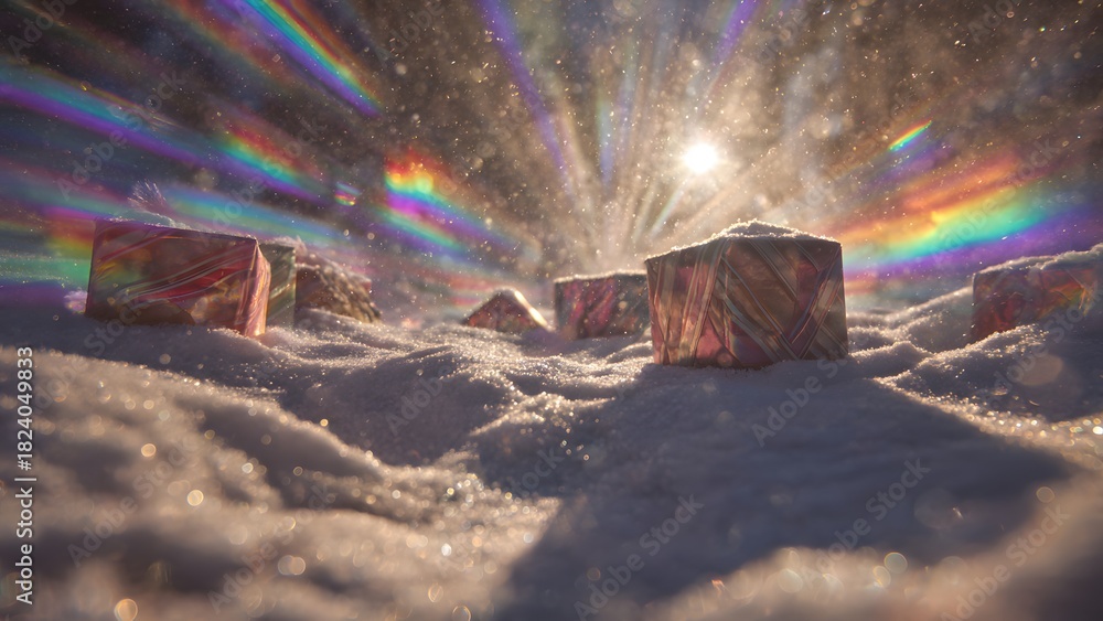 Naklejka premium Light Refraction and Color Dispersion on Crystals in Snow at Outdoor Winter Environment from Ground View