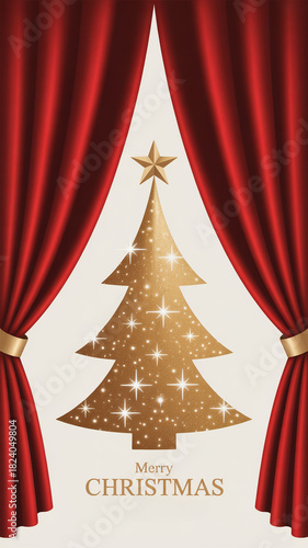Red velvet stage curtain with golden stars, perfect for Christmas, theater, cinema, or holiday greeting card design and decoration