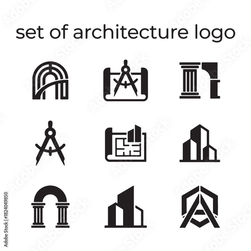 A modern set of architecture logo vector icons for building, construction, and engineering design projects, perfect for professional branding.