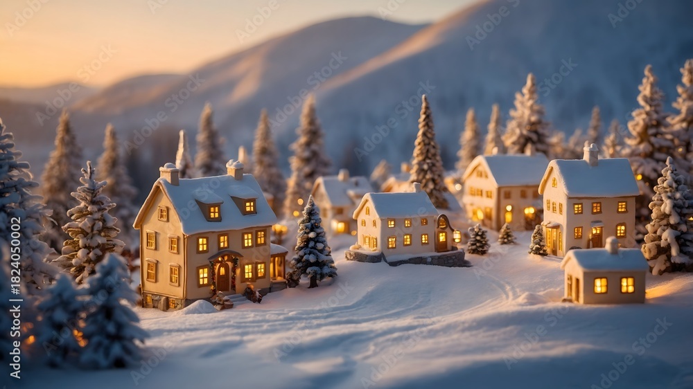 Fototapeta premium Pueblo nevado con casas iluminadas al atardecer entre montañas y árboles cubiertos de nieve en escena invernal navideña