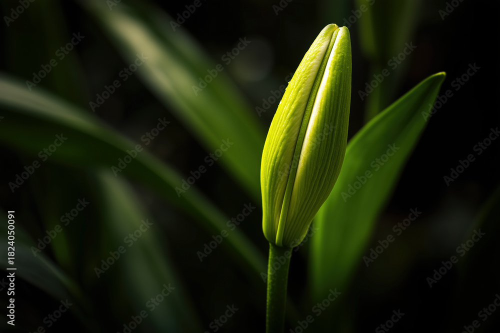 Obraz premium A close-up of a smooth, bright beautiful, green lily bud grows vertically against a dark, moody background. Dramatic contrast. Idea of natural elegance, life energy, elegant botany.