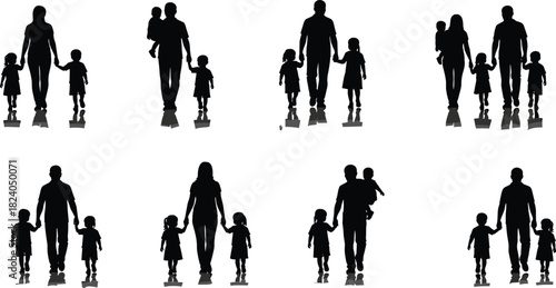 Silhouette collection of families walking together with children holding hands illustrating parenting unity bonding love caring parent child relationship for design projects