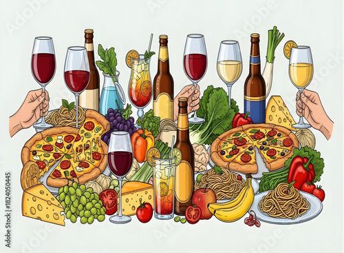 Food and drink feast of italian cuisine