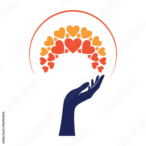 Abstract tree logo with heart leaves and hand trunk isolated on white background
