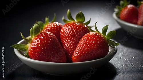 Fototapeta Naklejka Na Ścianę i Meble -  Fresas frescas en cuenco cerámico sobre fondo oscuro con iluminación dramática en un primer plano gastronómico y vibrante