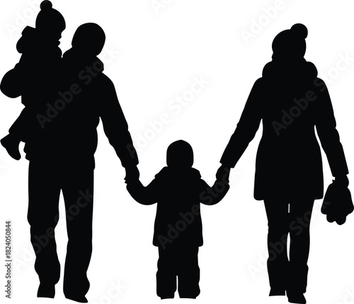 Silhouette of parents walking with children holding hands in winter clothing representing family love unity support togetherness bonding outdoor lifestyle