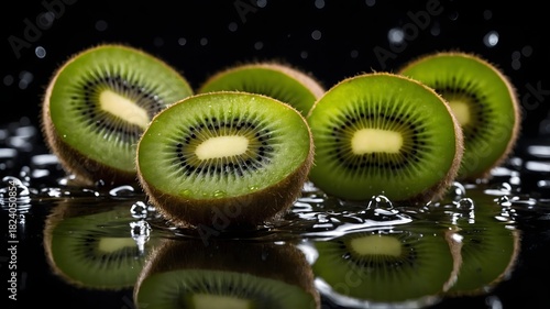 Fototapeta Naklejka Na Ścianę i Meble -  Rodajas de kiwi fresco sobre superficie reflectante con gotas de agua y fondo oscuro en un primer plano vibrante y gastronómico
