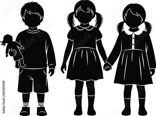 Silhouette of three children standing together holding hands with toy doll representing childhood friendship unity innocence teamwork family bond concept