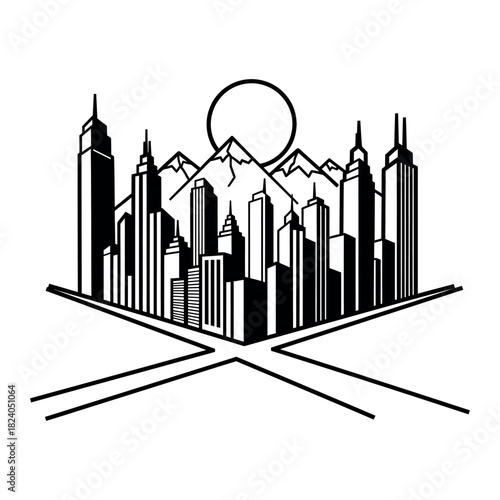 Modern city skyline in two point perspective isolated on white background