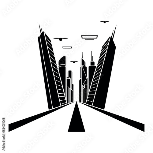 Minimalist black and white futuristic city skyline in sharp two point perspective isolated on white background