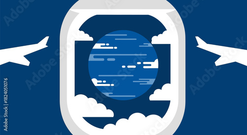 Serene vector view from airplane window with clouds and sky minimal graphic style
