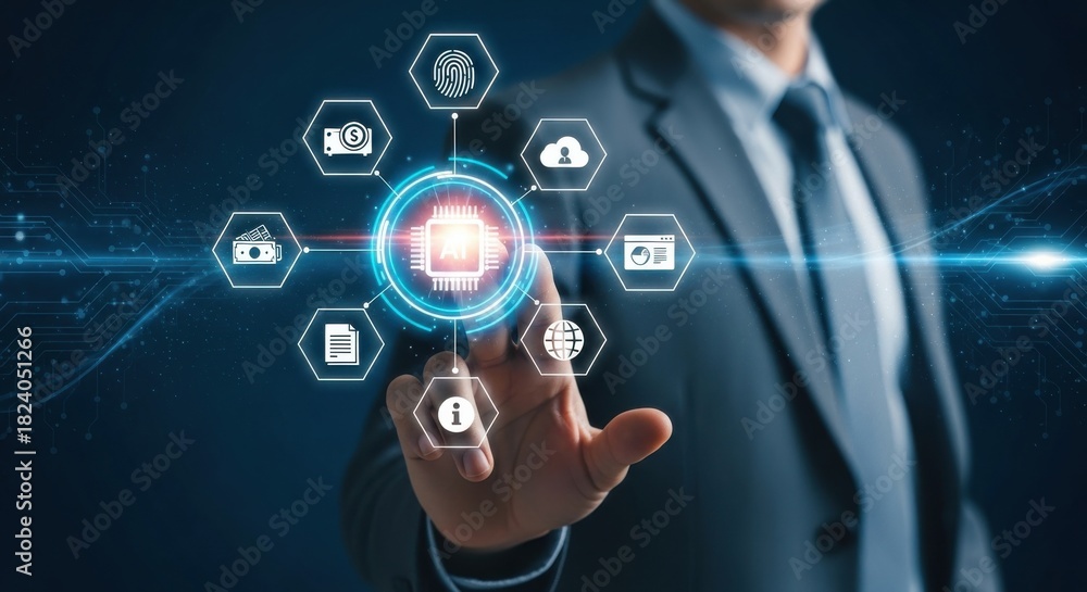 Fototapeta premium Businessman touching AI interface with business icons