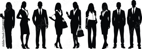 Silhouettes of business professionals standing in formal corporate attire representing teamwork, leadership, office workforce and modern company staff in clean vector illustration