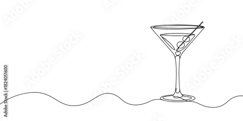 A single continuous line of cocktail glasses, vector illustrator