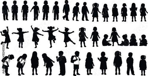 Silhouettes of children standing playing walking and sitting in various poses representing childhood activity movement education and playful behavior in vector illustration