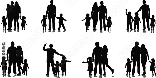 Silhouettes of families with parents and children standing walking and interacting together representing unity love bonding relationships parenting and happy family lifestyle scenes