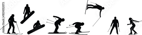 Silhouettes of skiers and snowboarders performing dynamic winter sports actions including jumps, tricks, downhill movement and freestyle motion in clean black vector illustration