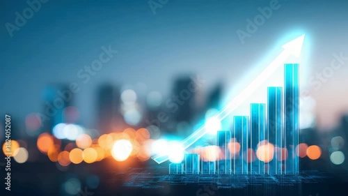 Digital Growth Chart With Upward Arrow Illustrating Financial Success and Economic Progress in a Blurred Cityscape at Dusk