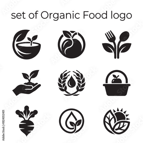 Collection of organic food logos and nature icons, representing healthy plants, eco-friendly farming, and sustainable living in a minimalist vector style.