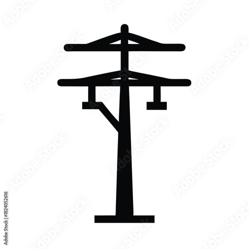 A stylized silhouette of an electricity pylon stands against a stark white background.