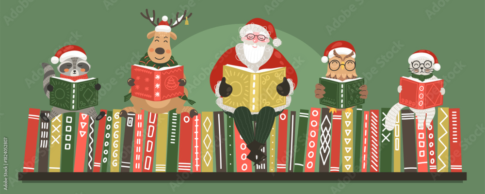 Fototapeta premium Santa Claus with animals reading book on bookshelf. Christmas reading, books, library, literature concept.