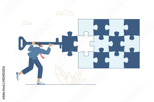 Businessman holding key to unlock gaps on jigsaw puzzle board, Searching for solutions, Missing ideas, Unlocking business concepts.