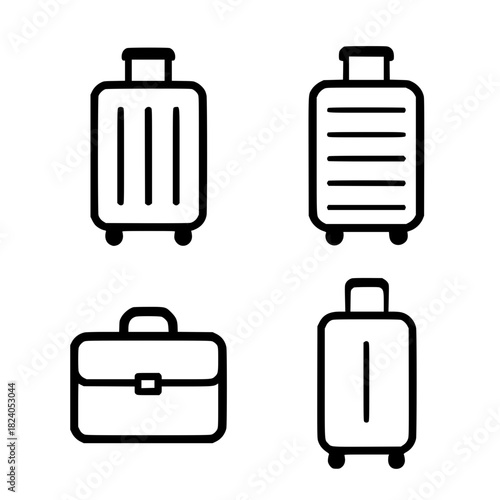 4 suitcase illustration icons, black, transparent background