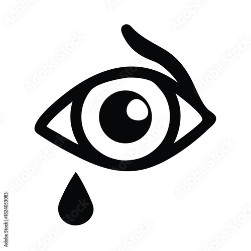 A simple black and white illustration of a crying eye with a single tear.