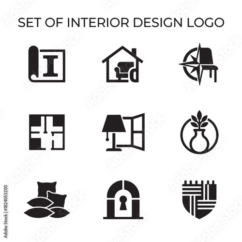 Modern Vector Set of Professional Interior Design Logo Icons in Black for Home Architecture and Decor Branding Projects