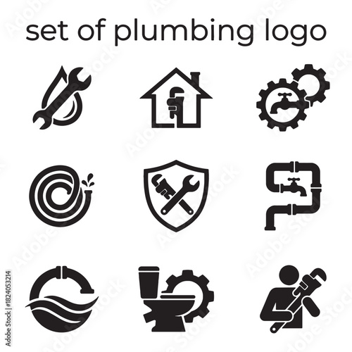 Professional Plumbing Service Repair Icons Set showcasing essential Water Pipes, Wrench, and Logo elements in a clean Vector style, ideal for modern branding and business design.