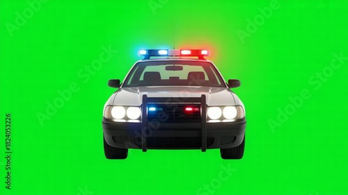 Front view of a police car with flashing red and blue emergency lights and headlights on a green screen background for easy keying