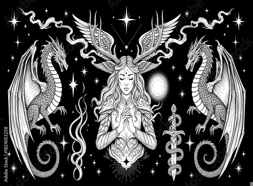Goddess, dragons, and celestial symbols