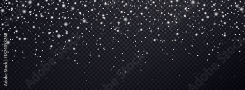 Shimmering white dust particles and bokeh lights float on dark transparent background. Glowing confetti with sparkle and soft focus.