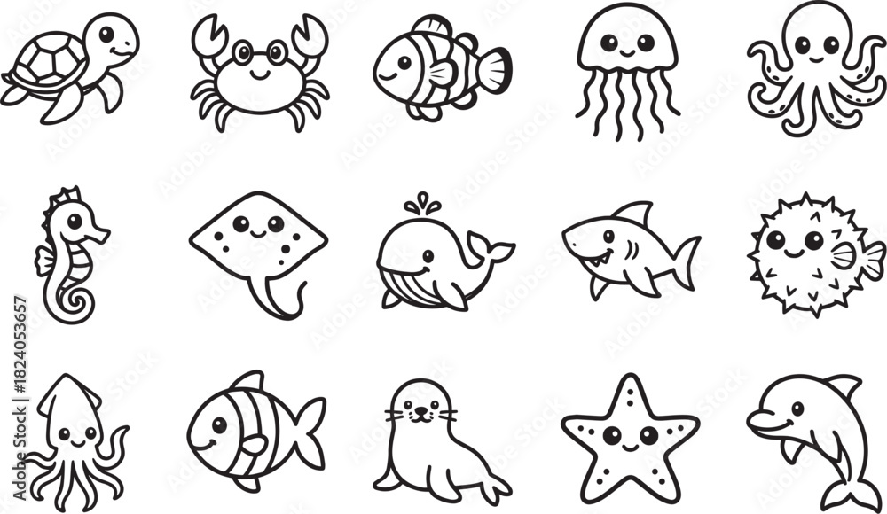 Obraz premium An adorable array of marine creatures, each depicted with charming detail, swimming across a plain backdrop, offering a delightful glimpse into the underwater world.