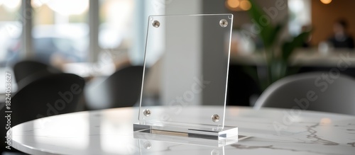 Clear acrylic sign holder on a marble table in a modern setting.