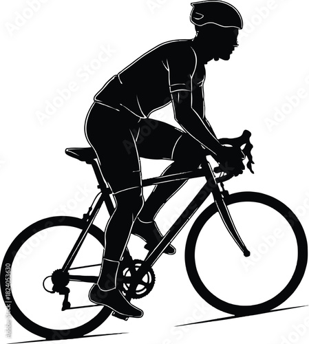 “Athletic man riding bicycle in action pose, sports silhouette, modern clean vector suitable for fitness themes.