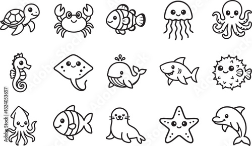 An adorable array of marine creatures, each depicted with charming detail, swimming across a plain backdrop, offering a delightful glimpse into the underwater world.