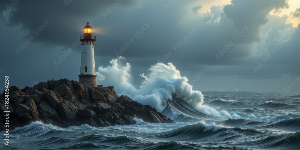 Obraz premium Lighthouse standing strong against turbulent ocean waves under a stormy sky.