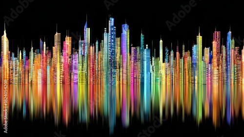 Abstract colorful modern building pattern with geometric shapes, vibrant structure, creative urban design, and strong visual symmetry displayed on a black background in contemporary style