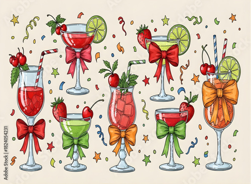 Cocktail drinks with fruit and bows