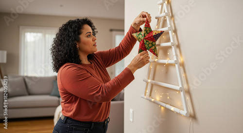 Plus size Woman decorating wall with Christmas star ornament in cozy living room  