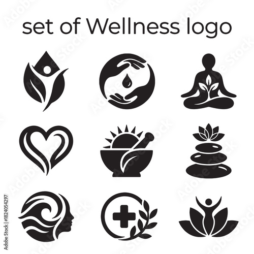 A set of wellness and health logos and icons in vector format, depicting nature, holistic concepts, spa treatments, yoga, and care for branding.