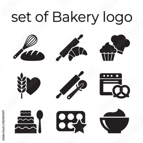 A versatile set of bakery and baking icons in clean silhouette vector style, ideal for pastry shop logo design, food menus, or kitchen theme graphics.
