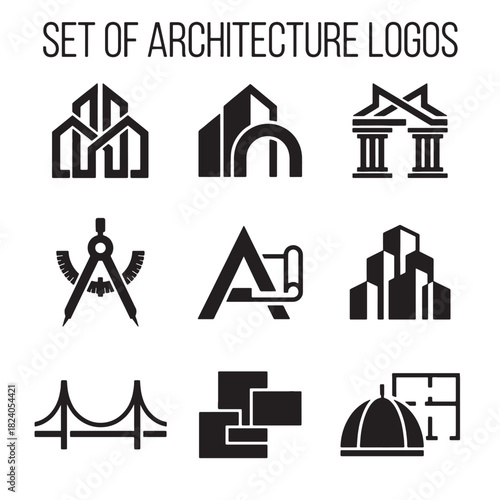Modern Architecture Logos Vector Set: Diverse Buildings and Icons with Abstract Design for Construction, Engineering, and Real Estate branding.