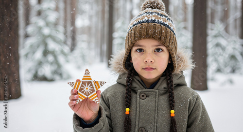 Young girl holding star-shaped ornament in snowy forest during winter  