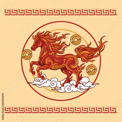 The Chinese Zodiac Fire Horse in the Chinese New Year 2026, with gold coins a symbol of good luck often associated with the Chinese New Year. Year of the horse.
