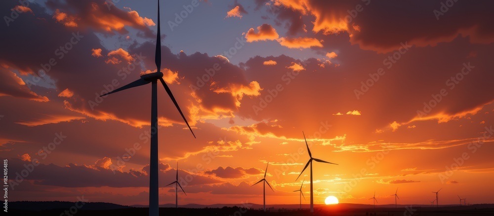 Obraz premium Wind turbines silhouetted against a vibrant sunset sky.