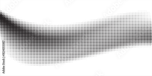 Black halftone dot wave pattern. Abstract grain fluid texture background. Dotted grit curve wallpaper. rasterized undulate swoosh overlay for poster, booklet, banner, brochure, flyer, leaflet. Vector