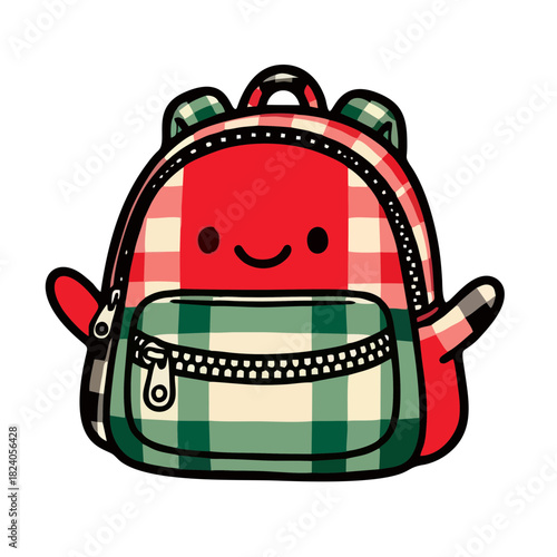 Whimsical plaid backpack character with a happy smile, perfect for back-to-school designs, children's illustrations, and playful educational resources