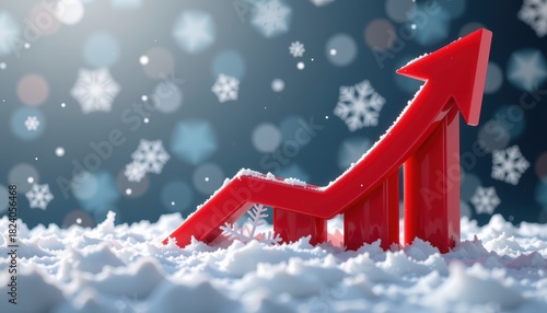 Red arrow graph rises through snowflakes, symbolizing growth in winter.